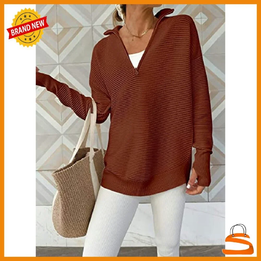 Long Sleeve Quarter Zip Pullover Sweater Ribbed Knit Loose Fit Thumb Hole - Picture 3 of 8